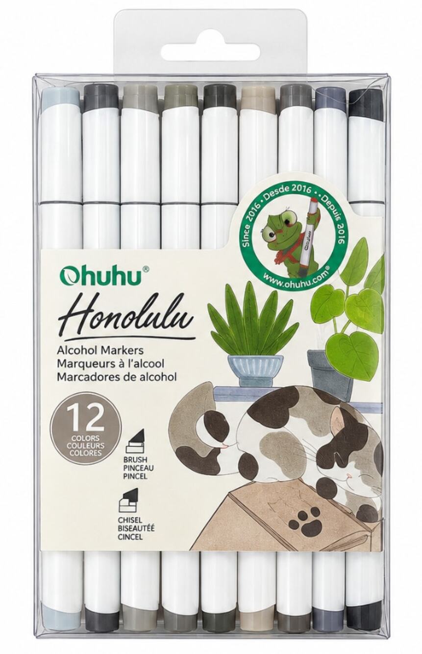 Ohuhu Honolulu 12 Gray Tone Alcohol Markers Brush Chisel Dual Tip NEW